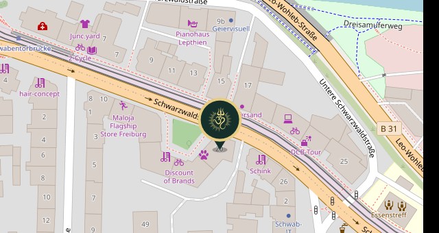 Kartenausschnitt: Schwarzwaldstraße 20 in Freiburg-Wiehre, das Studio ist mit dem Logo markiert
